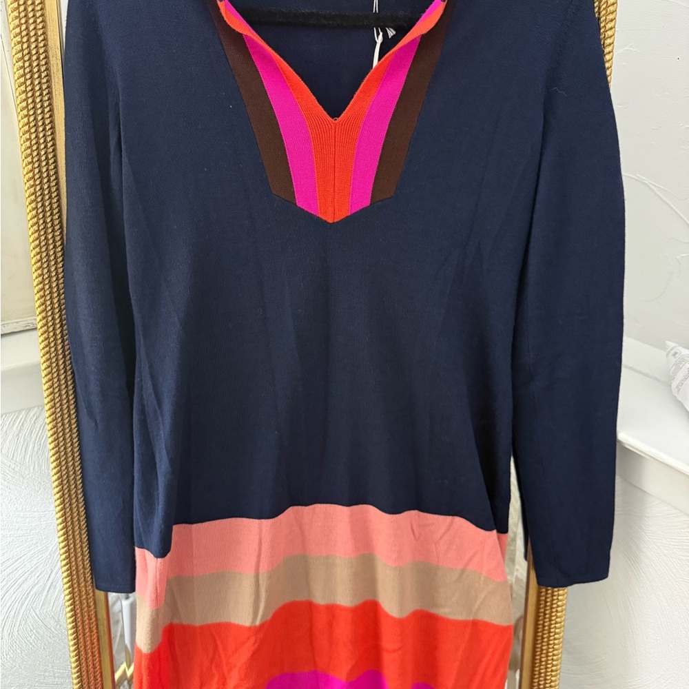 Trina Turk Navy Knit V-Neck Dress with Pink and Coral Stripes 2 piece
